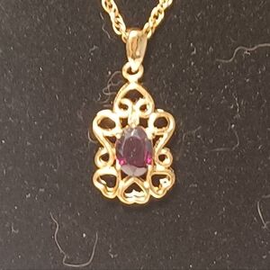 Goldtone Filigree Necklace with Garnet Gemstone 18" Chain